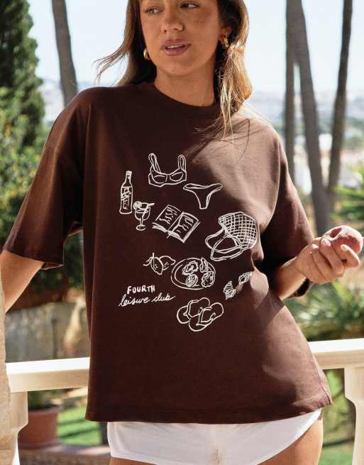 4th & Reckless x Luana Barron – Brun t-shirt i oversize och bomull med tecknat strandtryck, 2 av 4