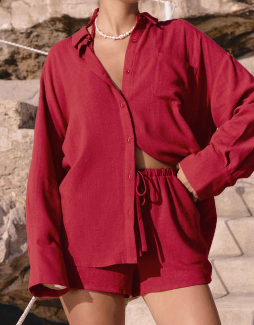4th & Reckless x Luana Barron - Camicia da mare in lino rosso ciliegia in coordinato, 2 di 4