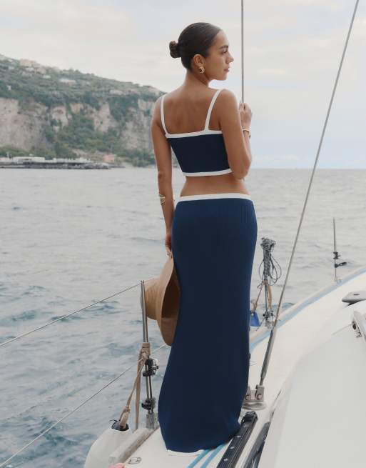 4th & Reckless x Luana Barron colette knit contrast strap maxi beach skirt in navy - part of a set, 4 of 4