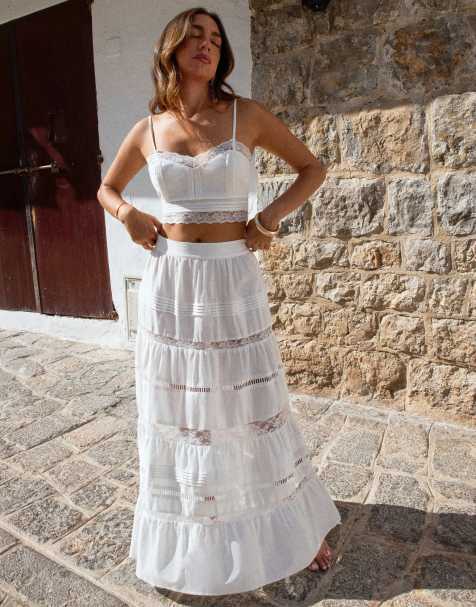 4th & Reckless x Luana Barron contains linen tiered lace insert maxi beach skirt co-ord in white