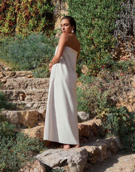 4th & Reckless x Luana Barron contains - Robe bandeau longue brodée à jupe trapèze en lin mélangé - Crème, 3 de 4