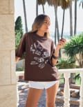 [4th & Reckless] 4th & Reckless x Luana Barron cotton illustrated beach print oversized t-shirt in chocolate-Brown S Chocolate
