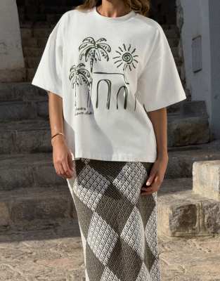 4th & Reckless X Luana Barron Cotton Palm Print Oversized T-shirt In White