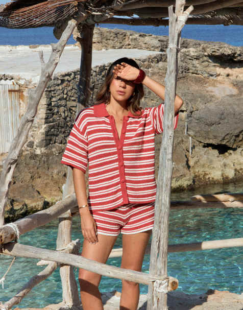 4th & Reckless x Luana Barron cotton rich crochet collared button through beach shirt co-ord in red and white stripe - view 1