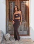 [4th & Reckless] 4th & Reckless x Luana Barron cotton rich knitted bandeau bead detail cut out beach crop top in chocolate (part of a set)-Brown 10 Chocolate