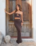[4th & Reckless] 4th & Reckless x Luana Barron cotton rich knitted bead detail maxi beach skirt in chocolate (part of a set)-Brown 10 Chocolate