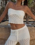 [4th & Reckless] 4th & Reckless x Luana Barron cotton rich mixed crochet bandeau scallop trim beach top in cream (part of a set)-White 10 CREAM