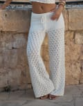 [4th & Reckless] 4th & Reckless x Luana Barron cotton rich mixed crochet tie waist wide leg beach pants in cream (part of a set)-White 16 CREAM
