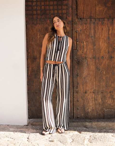 4th & Reckless x Luana Barron crochet high neck tie front beach top and wide leg trousers co-ord in black and white stri - view 1