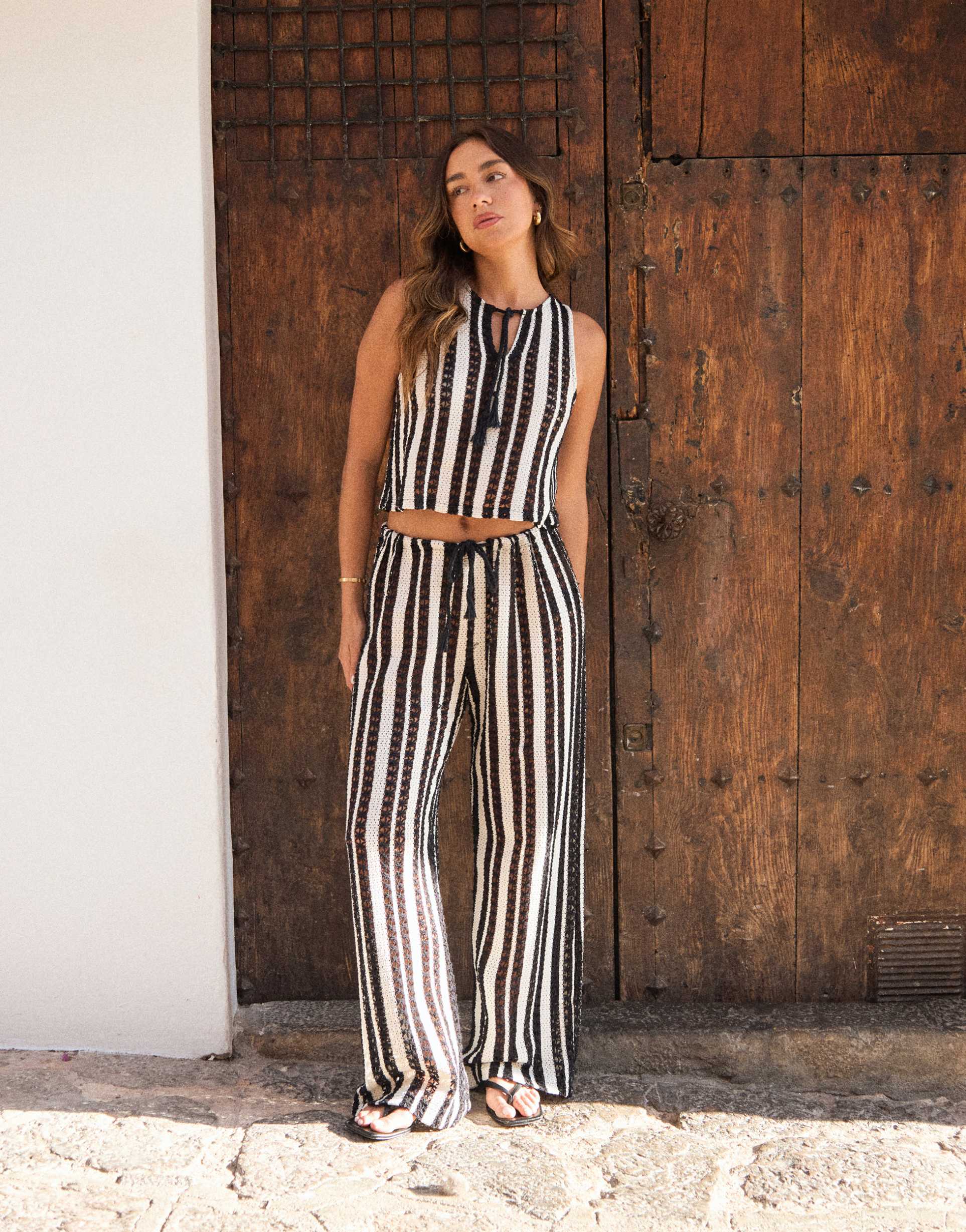 4th & reckless x luana barron crochet knit wide leg beach pants in black and white stripe - part of a set