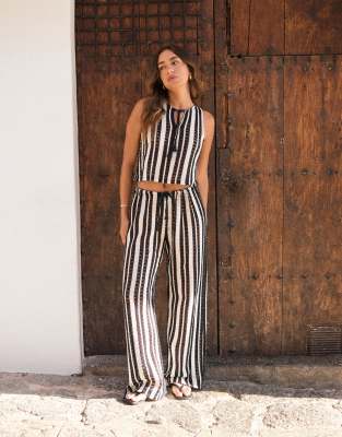 4th & Reckless 4th & Reckless x Luana Barron crochet knit wide leg beach trousers co-ord in black and white stripe-Multi
