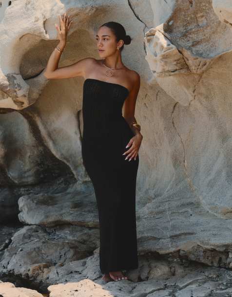 4th & Reckless x Luana Barron - Emily - Robe bandeau longue de plage en maille au crochet - Noir - view 1