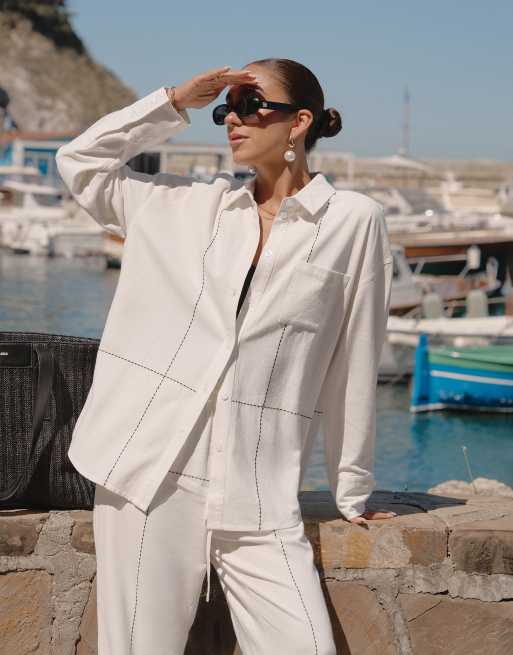 4th & Reckless x Luana Barron - Genevive - Camicia da mare a maniche lunghe bianco sporco con ricamo nero in coordinato
