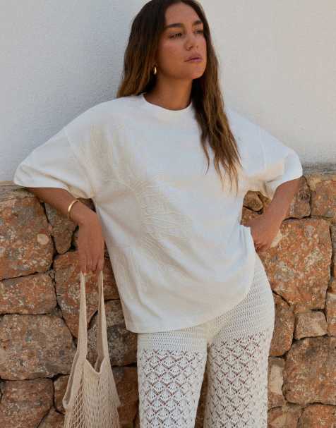 4th & Reckless x LUana Barron - Hvid og oversized T-shirt i bomuld med broderet solmotiv - view 1