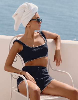 4th & Reckless X Luana Barron Juliette Contrast Stitch Knit Beach Crop Top In Navy - Part Of A Set