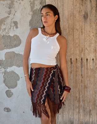4th & Reckless 4th & Reckless x Luana Barron knitted tassel edge wrap beach skirt in brown chevron-Multi