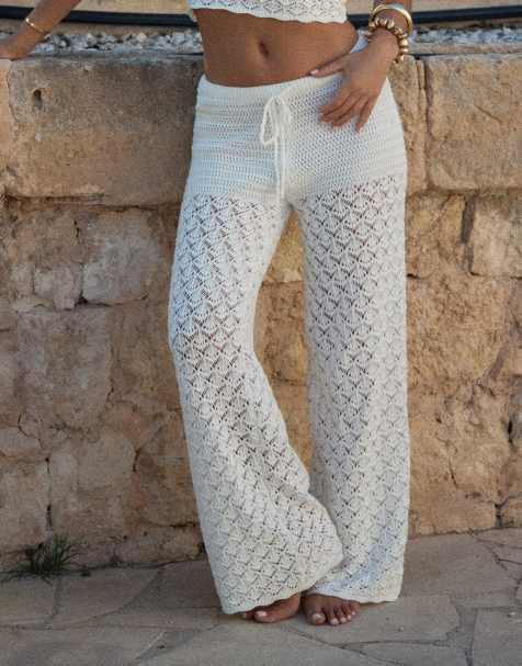 4th & Reckless x Luana Barron cotton rich mixed crochet tie waist wide leg beach trousers co-ord in cream