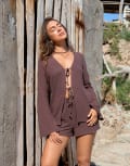 [4th & Reckless] 4th & Reckless x Luana Barron linen-blend tie detail beach shorts in chocolate (Part of a set)-Brown 6 Chocolate