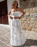 [4th & Reckless] 4th & Reckless x Luana Barron linen blend tiered lace insert maxi beach skirt in white (part of a set) 16 WHITE