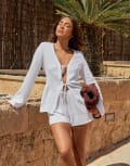 [4th & Reckless] 4th & Reckless x Luana Barron linen-blend wide sleeve tie front beach shirt in white (Part of a set) 10 WHITE