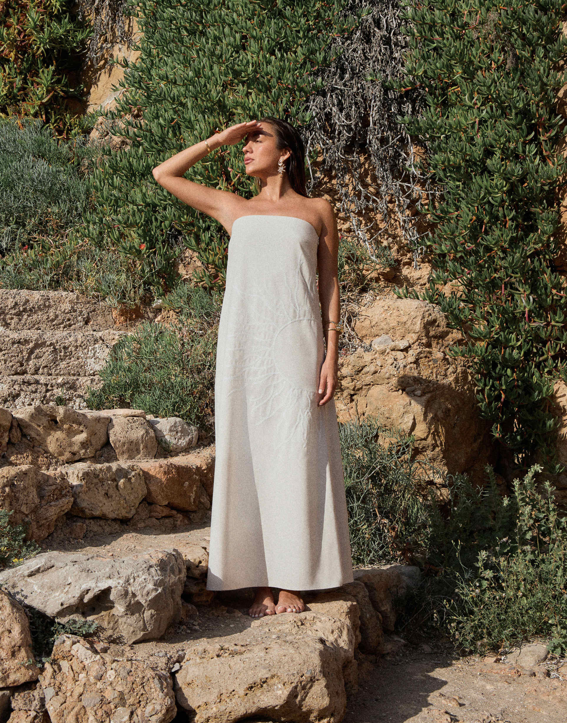 4th & reckless x luana barron linen mix bandeau trapeze sun embroidery maxi dress in cream