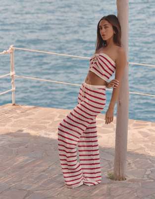 4th & Reckless x Luana Barron lior knit stripe beach trouser co-ord in cherry red