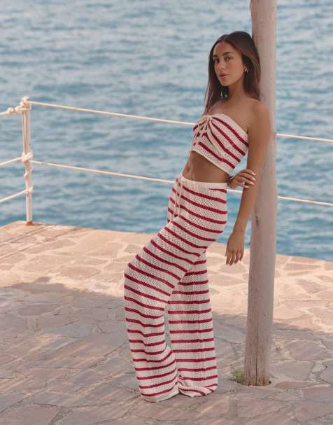 4th & Reckless x Luana Barron - Lior - Pantaloni da mare in maglia a righe rosso ciliegia in coordinato - view 1