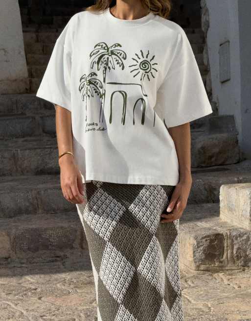 4th & Reckless x Luana Barron – Naturvit, oversize t-shirt i bomull med palmtryck, 2 av 4