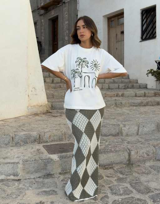 4th & Reckless x Luana Barron – Naturvit, oversize t-shirt i bomull med palmtryck, 3 av 4