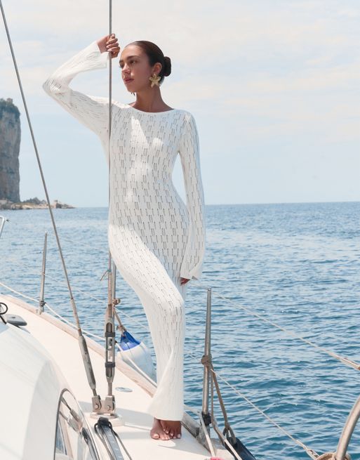 4th & Reckless x Luana Barron Oceane long sleeve sheer knit maxi beach dress in white