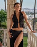 [4th & Reckless] 4th & Reckless x Luana Barron plisse halterneck split front gold hardware detail beach top in black (part of a set) 14 BLACK