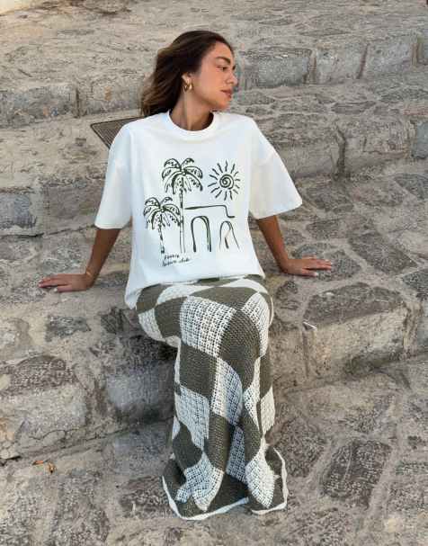 4th & Reckless x Luana Barron - Råhvid oversized T-shirt med palmeprint i bomuld - view 1