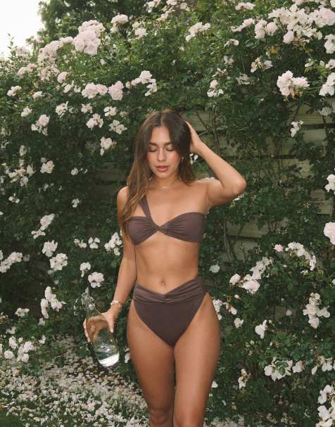 4th & Reckless x Luana Barron ruched high waist bikini bottoms co-ord in chocolate