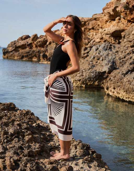 4th & Reckless x Luana Barron tie side maxi beach sarong skirt in brown tile print