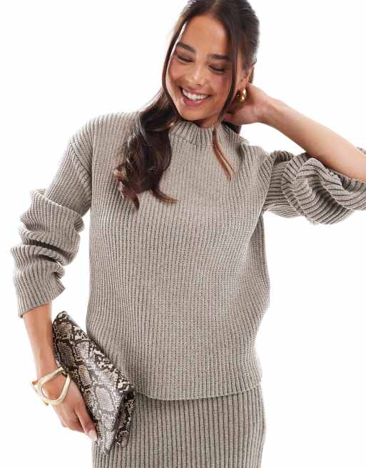 4th & Reckless - Zachte ribgebreide trui in taupe, deel van co-ord set