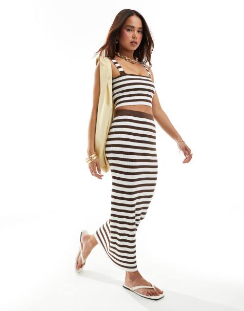 4th & Reckless - Zoe - Gebreide maxi-strandrok met strepen in chocoladebruin, deel van co-ord set - view 1