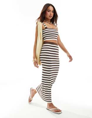 4th & Reckless zoe stripe knit maxi beach skirt co-ord in chocolate-Brown