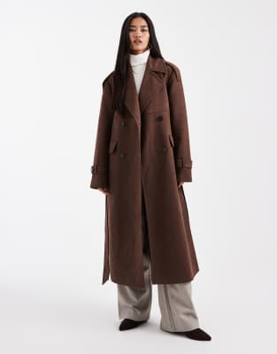4th & Reckless - Zweireihiger Midi-Trenchcoat aus Wildlederimitat in Braun mit Gürtel-Brown