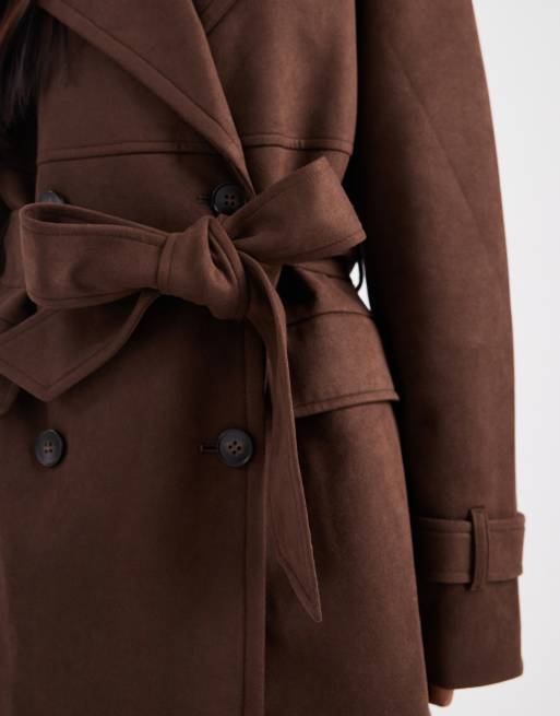4th & Reckless – Zweireihiger Midi-Trenchcoat aus Wildlederimitat in Braun mit Gürtel, 4 von 4
