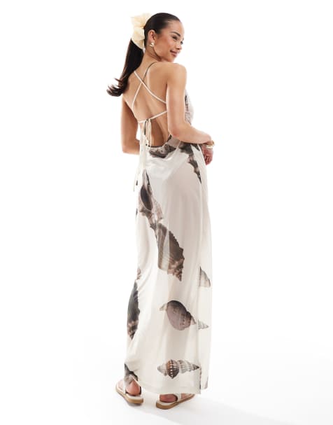 4th&nbsp;& Reckless cowl neck open tie back mesh maxi beach dress in cream shell print - view 1