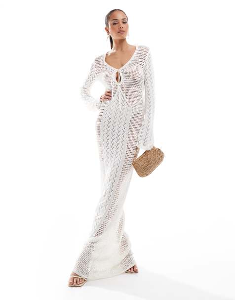 4th & Reckless crochet flared sleeve keyhole detail maxi beach dress in cream - view 1