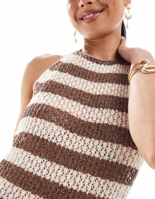 4th&nbsp;& Reckless crochet halterneck low back maxi beach dress in brown stripe, 3 of 4