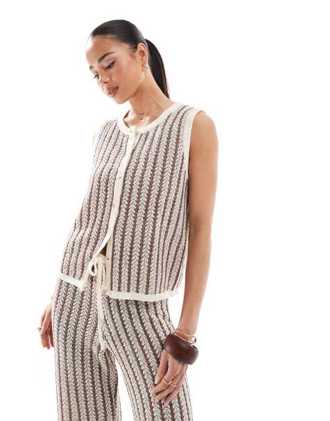 4th & Reckless knitted button through sleeveless top co-ord in brown stripe - view 1