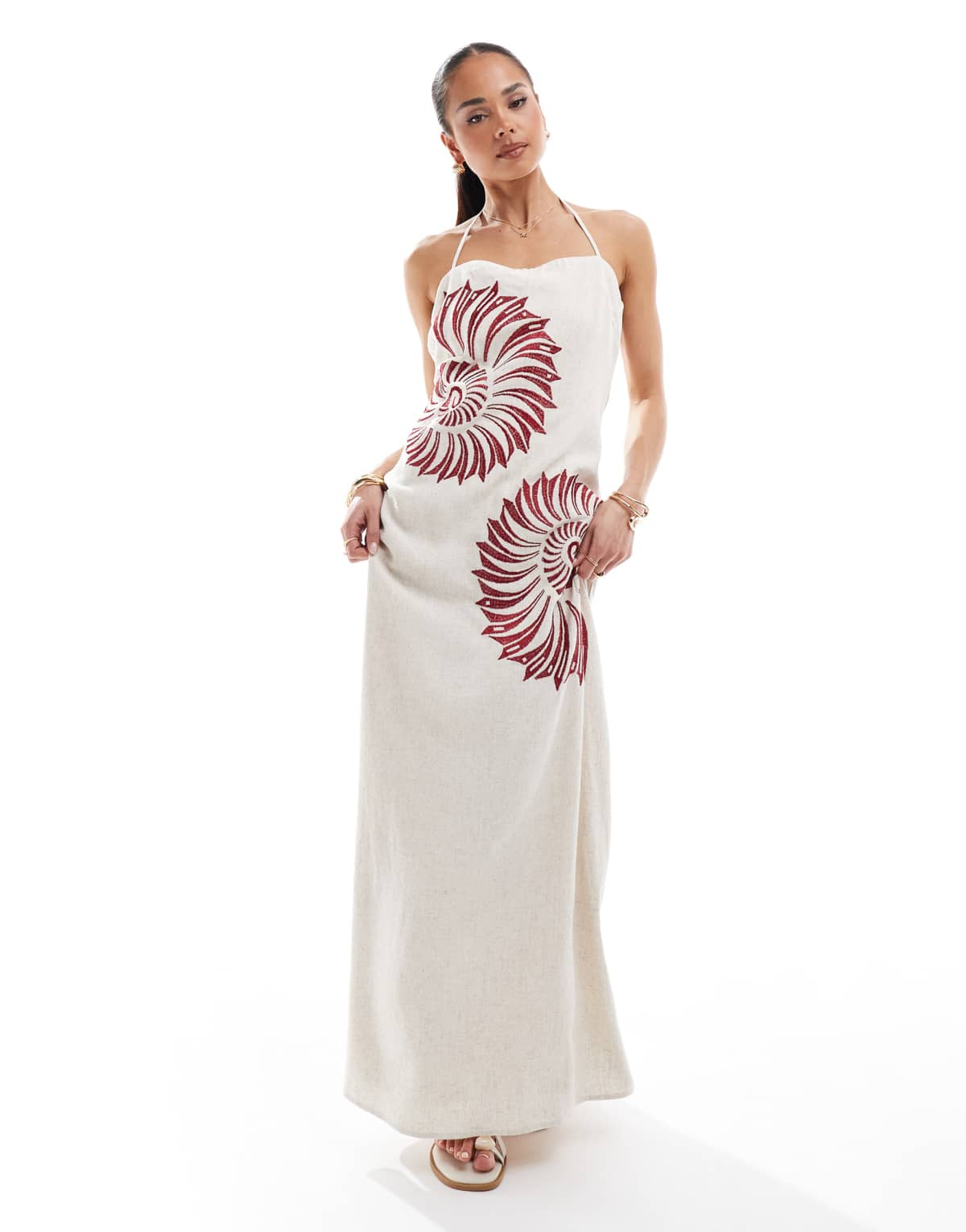 4th&nbsp;& Reckless linen blend brown shell embroidered halterneck&nbsp;maxi dress in beige