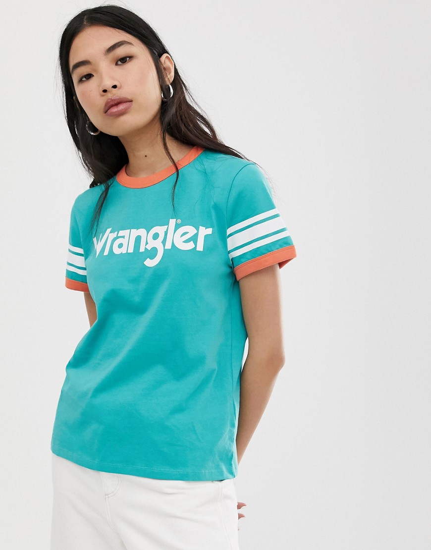 70'er t-shirt med logo og striber på ærmerne fra Wrangler-Blå