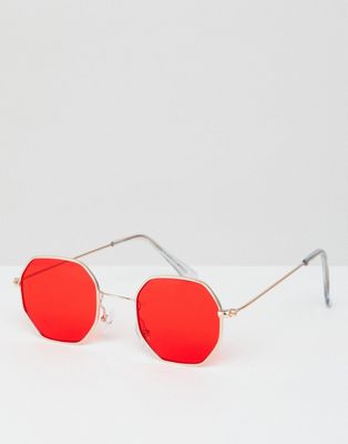 7X - Achthoekige zonnebril met rode glazen-Rood