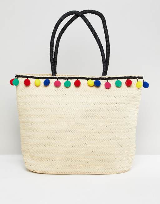 7X Pom Pom Trim Straw Beach Bag | ASOS