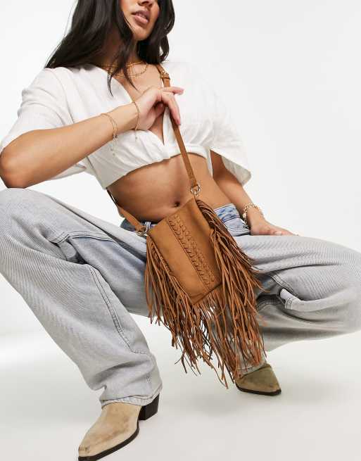 8 Other Reasons - Borsa a tracolla da festival in camoscio con frange color cuoio
