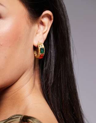 chunky hoop earrings with amber and green stone detail in 18k gold plated