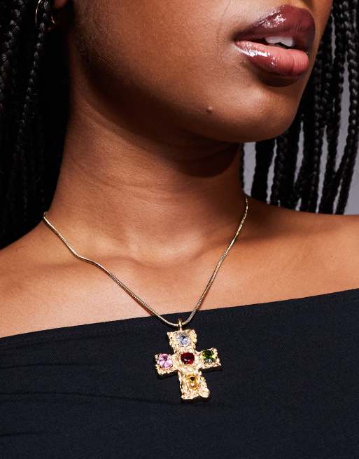 8 Other Reasons - Collier avec pendentif croix effet fondu avec pierres multicolore en plaqué or 18 carats